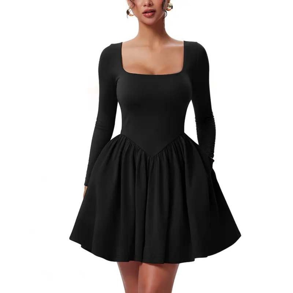 OYS Black Square Neck Long Sleeve Mini Dress with Pockets and Back Tie XL